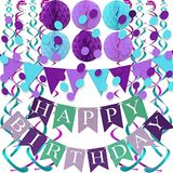 Roxo Azul Feliz Aniversário Banner De Papel Triângulo Bandeira Bunting Círculo Confetti Pontos Pendurados Garland E Pom Poms Swirl Stream