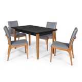 Conjunto Mesa De Jantar Retangular Mabel 135x80cm Preta Com 4 Cadeiras Estofada Em Madeira Garbo Cinza Escuro