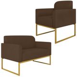 Conjunto Namoradeira E Poltrona Decorativa Isabella Base Industrial Suede Marrom/dourado - Gran Belo