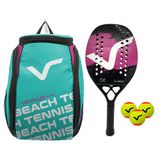 Kit Com Raquete Beach Tennis Classic Full Carbon Rosa, 3 Bolas E 1 Mochila De Transporte Rosa Vg Plus