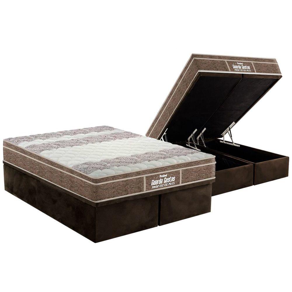 Cama Box Bau Queen Colchao Espuma Probel D33 Ep Guarda Costas Prointense Plus Base Crc Suede Brown 158x198