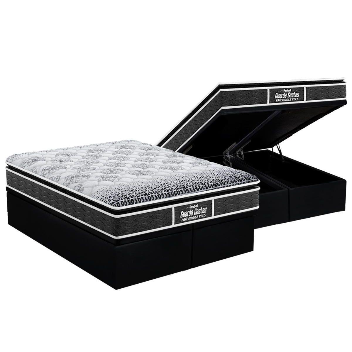 Cama Box Bau King Colchao Ortopedico Probel D28 Ep Guarda Costas Promiddle Plus Pillow Top Base Crc Suede Black 193x203