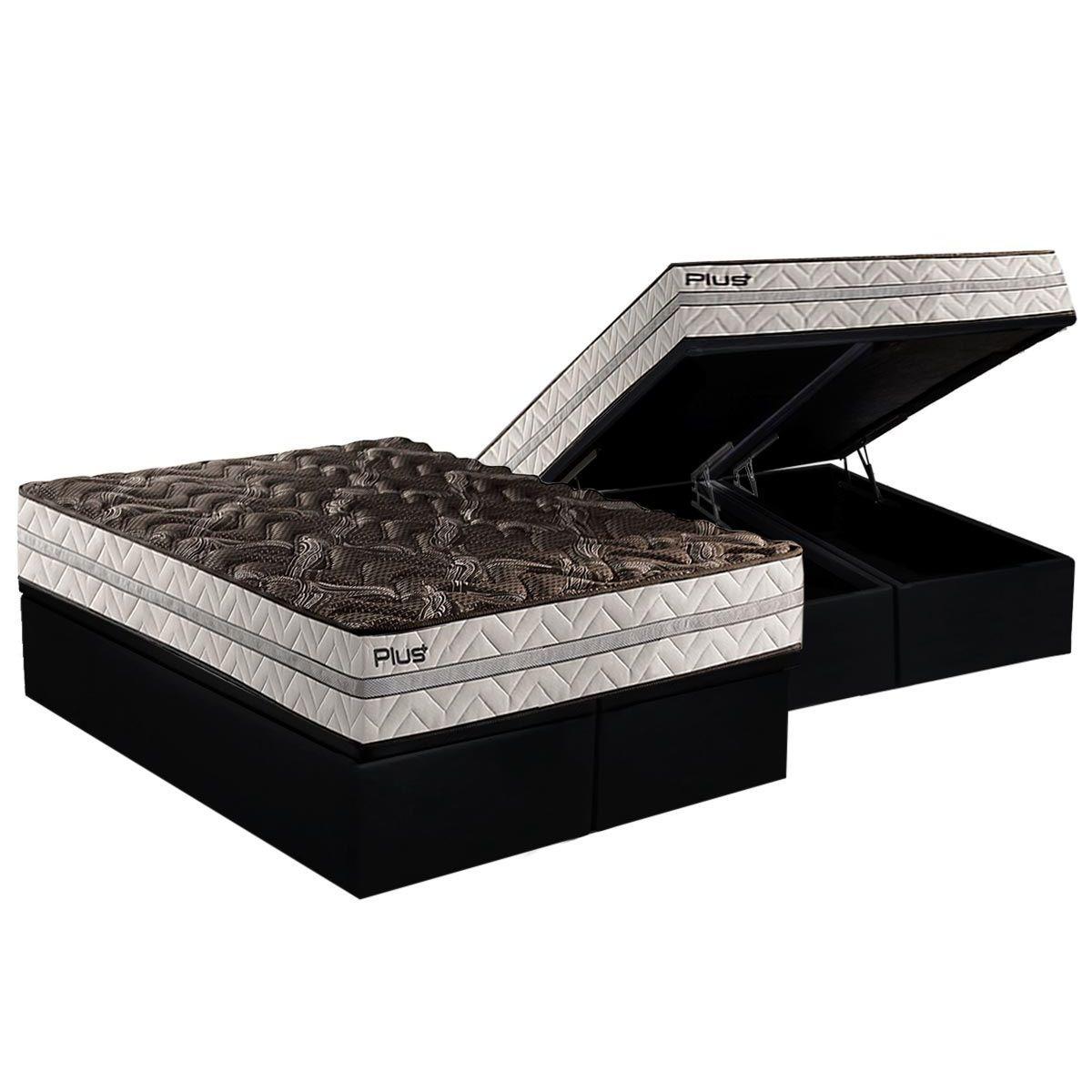 Cama Box Bau King Colchao Espuma D33 Paropas Pasquale Plus Euro Pillow Base Crc Suede Black 193x203