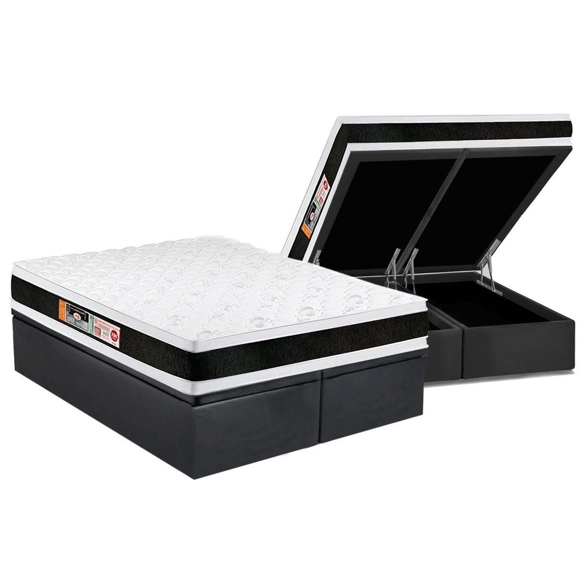 Cama Box Bau King Colchao Espuma D45 Castor Black E White Air Double Face Base Crc Suede Gray 193x203