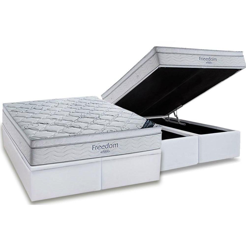 Cama Box Bau King Colchao Molas Ensacadas Ortobom Superpocket Freedom Visco Base Crc Suede White 186x198