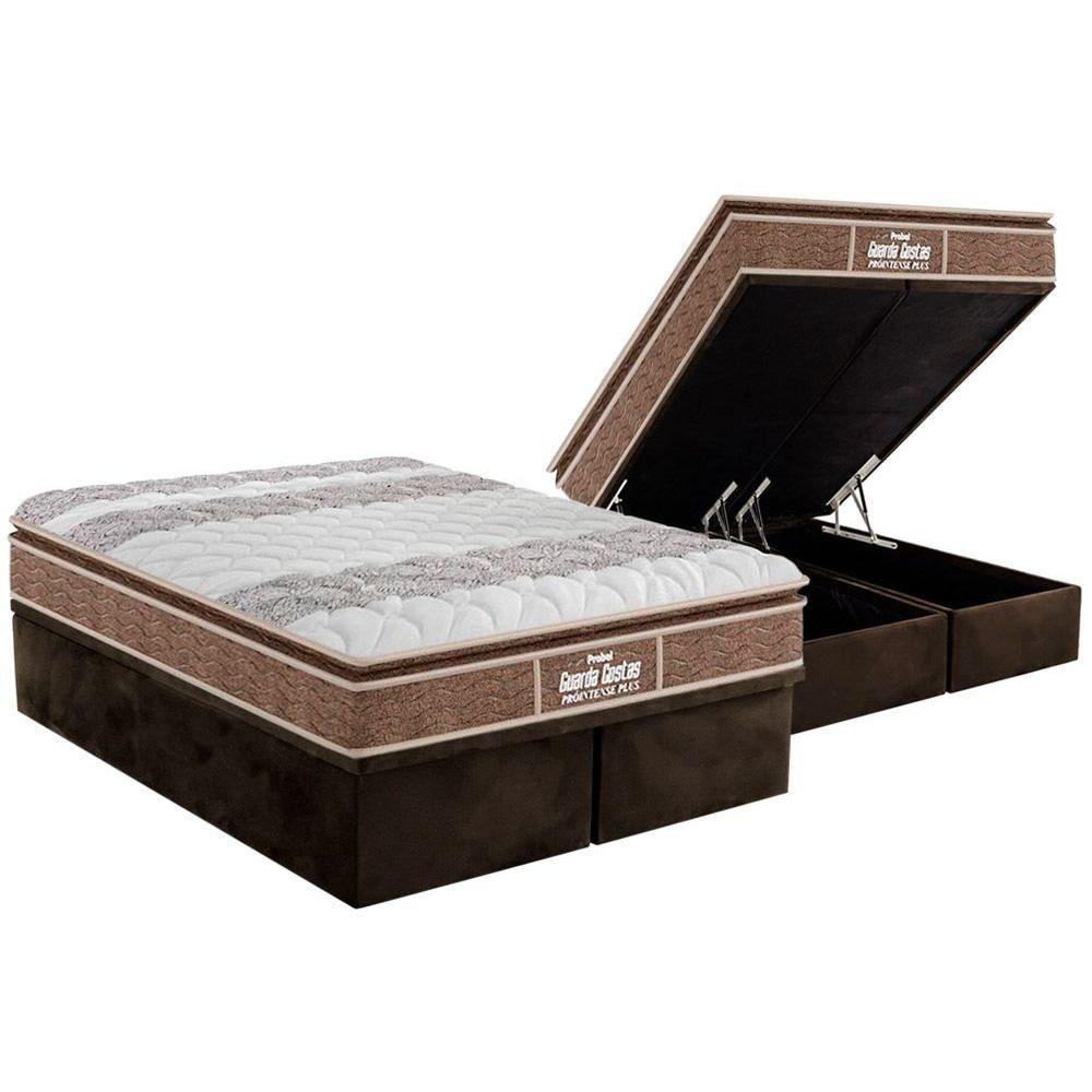 Cama Box Bau Queen Colchao Espuma Probel D33 Ep Guarda Costas Prointense Plus Pillow Top Base Crc Suede Brown 158x198