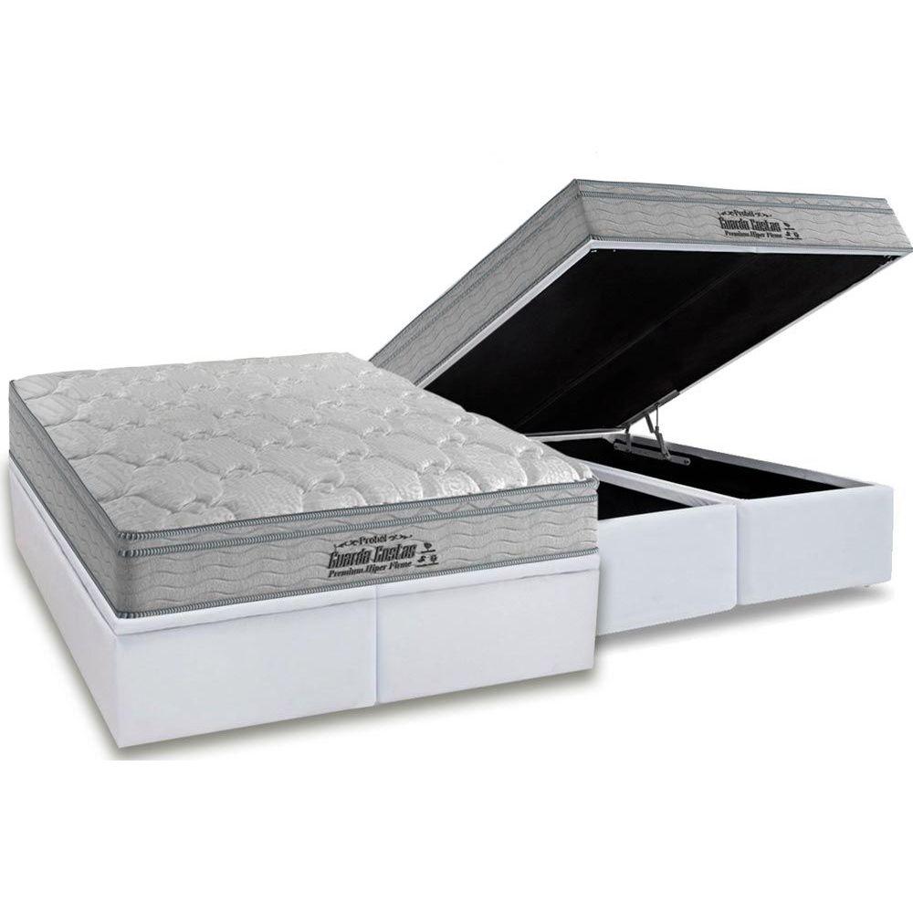 Cama Box Bau King Colchao Espuma Probel D40 Guarda Costas Premium Hiper Firme Euro Pillow Base Crc Courano White 193x203