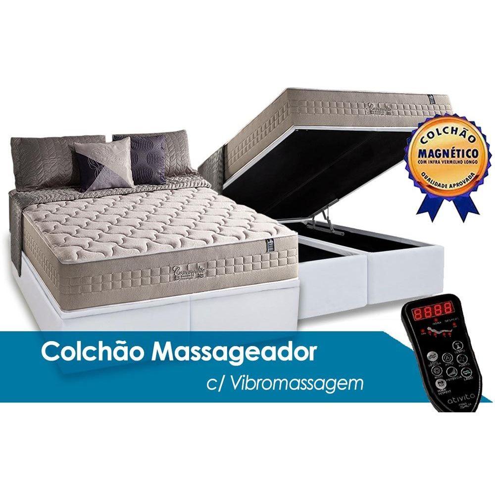 Cama Box Bau Queen Colchao C Vibro Massagem Anjos Masterpocket Magnetico Infravermelho Commodite Base Crc Courano Branco 158x198