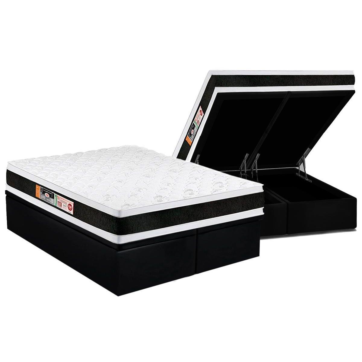 Cama Box Bau King Colchao Espuma D45 Castor Black E White Air Double Face Base Crc Suede Black 193x203