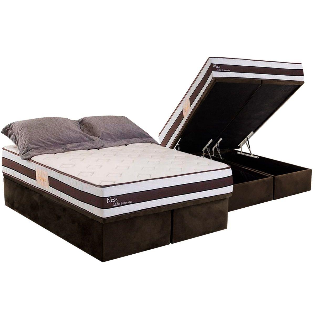 Cama Box Bau Queen Colchao Molas Masterpocket Ensacadas Herval Ness Base Crc Suede Brown 158x198