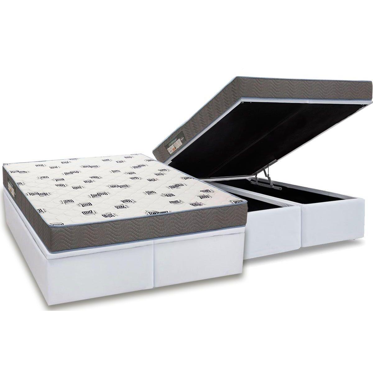 Cama Box Bau King Colchao Espuma Ortobom D33 Light Saude Base Crc Courano White 186x198