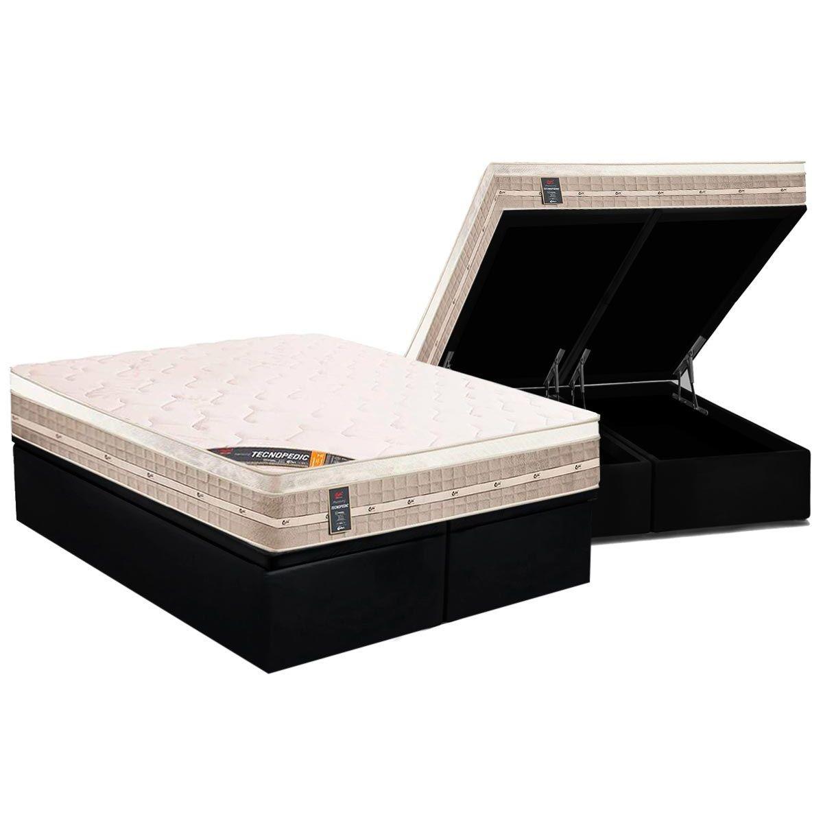 Cama Box Bau Queen Colchao Molas Bonnel Castor Premium Tecnopedic Base Crc Suede Black 158x198