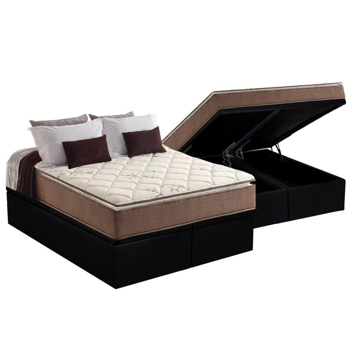 Cama Box Bau Queen Colchao Anatomico Anjos D28 Ag65 Star Pillow Top Base Crc Suede Black 158x198