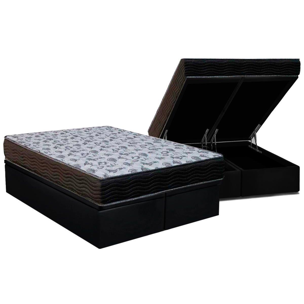 Cama Box Bau Queen Colchao Espuma Ortobom D33 Ep Iso 100 Ultra Firme Base Crc Suede Black 158x198