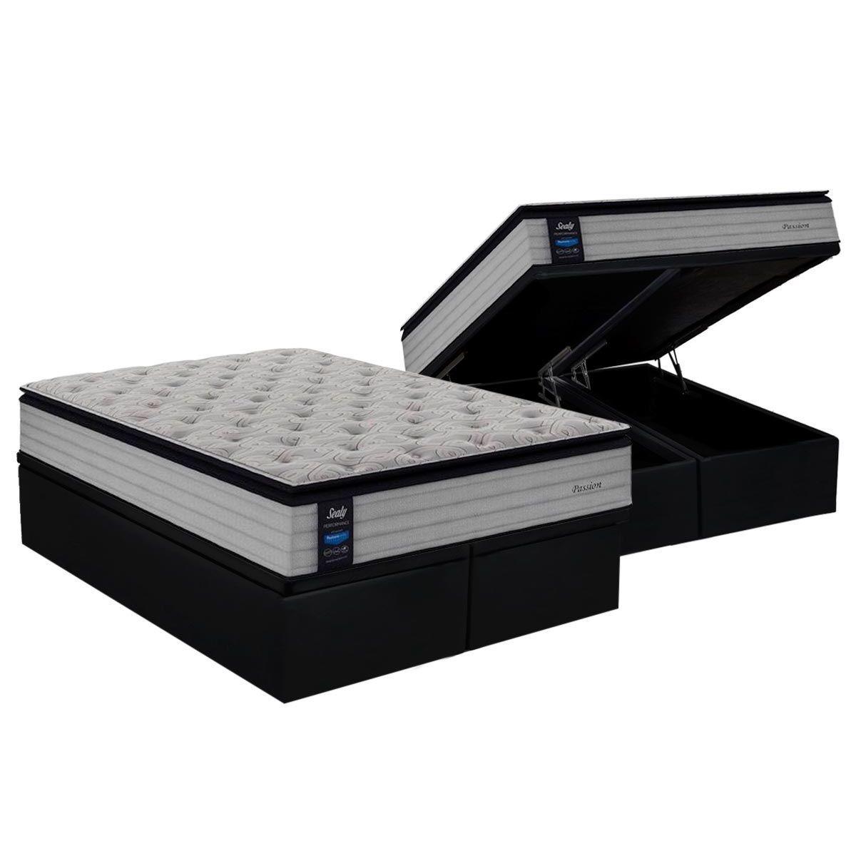 Cama Box Bau Queen Colchao Molas Sealy Masterpocket Ensacadas Passion Base Crc Suede Black 158x198