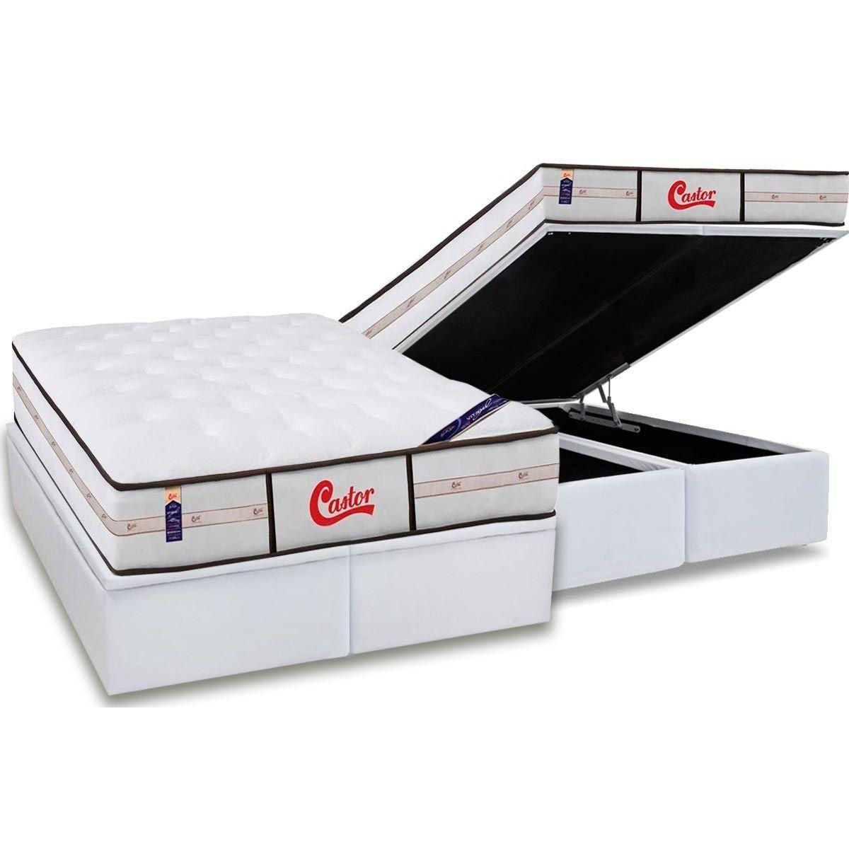 Cama Box Bau King Colchao Molas Castor Pocket Gold Star Vitagel Classic Base Crc Courano White 193x203