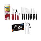 KIT - 1 Faqueiro Vermelho 30 Peças + 1 Conjunto Facas 9pç + 1 Faqueiro Inox 24pç - Tramontina