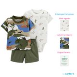 Trio Carter&#39;s Bebê Menino Shorts Body E Camiseta Dinossauro Coleção Nova Carters