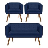 Kit Sofá 2 Lugares e 02 Poltronas Julia Suede Azul Marinho