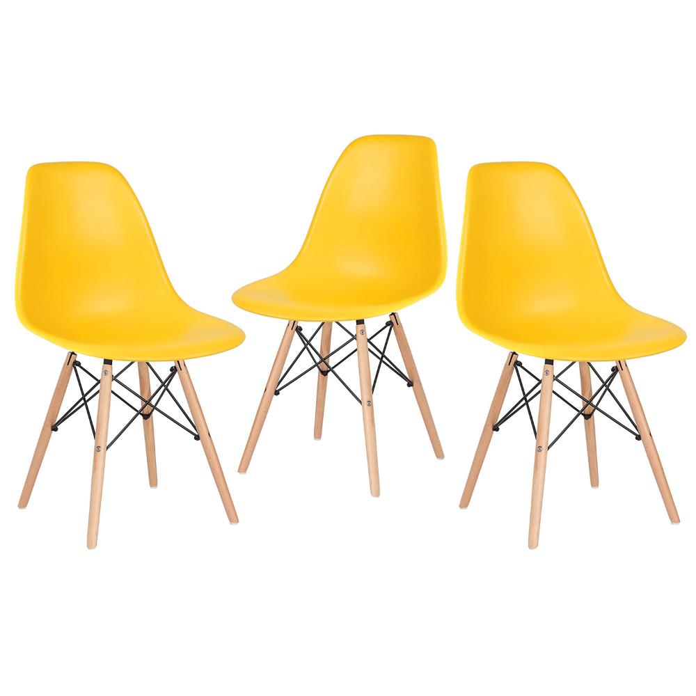 Kit - 3 X Cadeiras Charles Eames Eiffel Dsw - Base De Madeira Clara - Amarelo