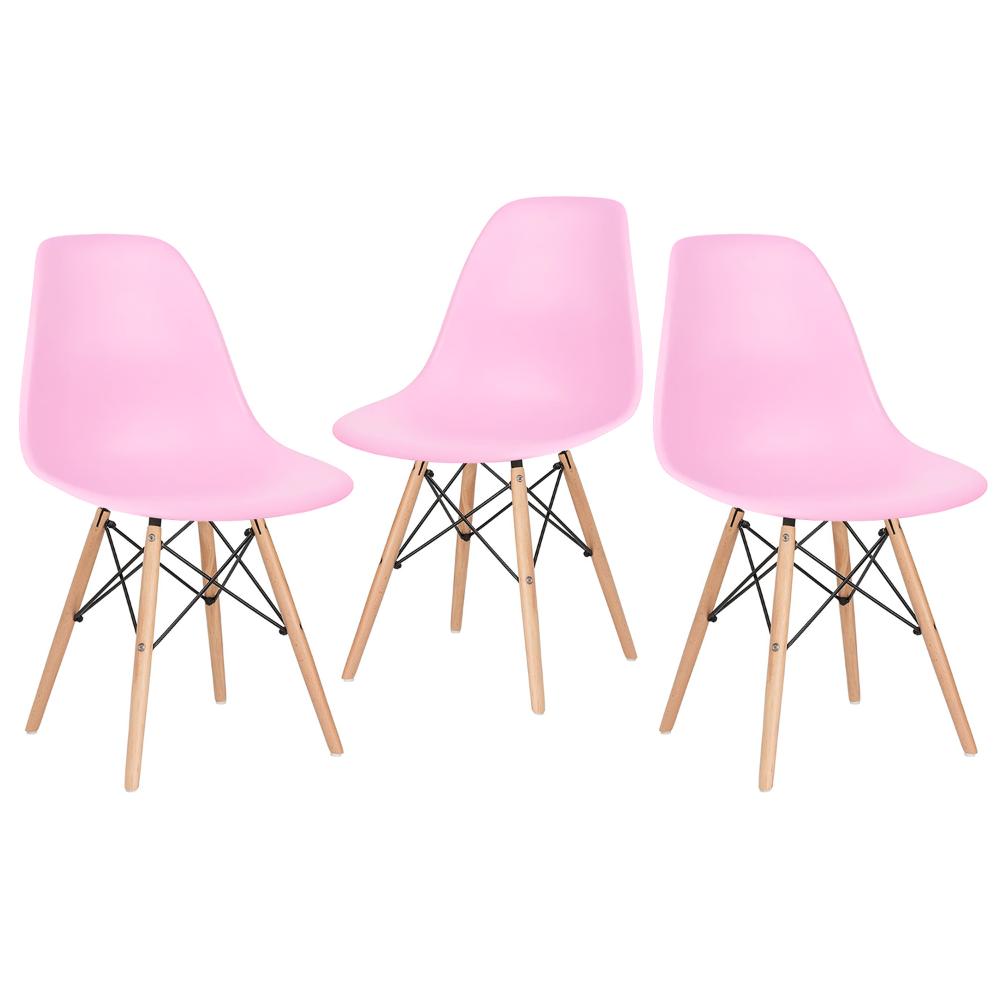 Kit - 3 X Cadeiras Charles Eames Eiffel Dsw - Base De Madeira Clara - Rosa Claro