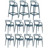 Kit - 8 X Cadeiras + 3 X Banquetas Altas Masters Allegra - Azul Petróleo