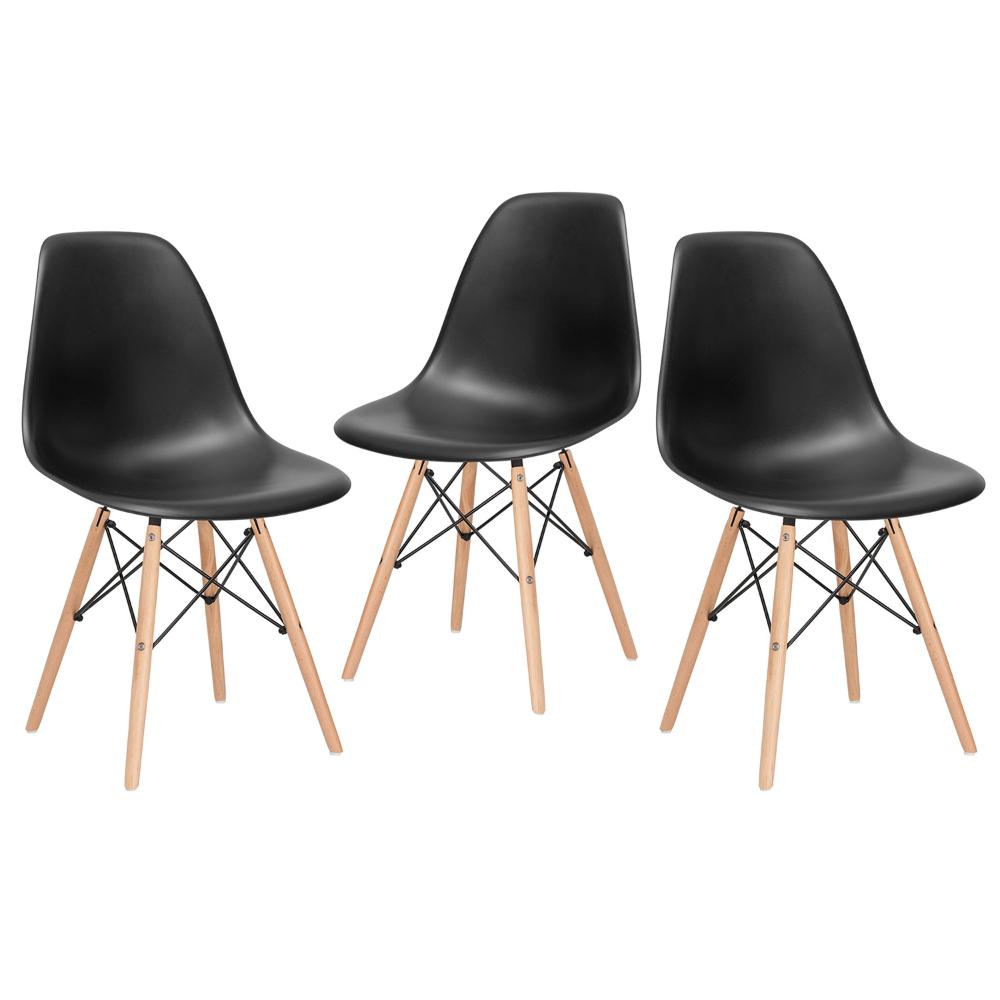 Kit - 3 X Cadeiras Charles Eames Eiffel Dsw - Base De Madeira Clara - Preto