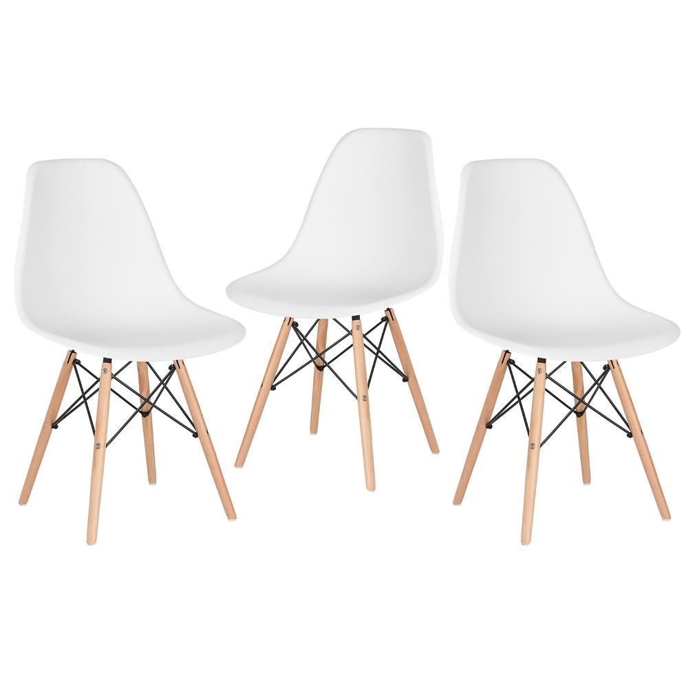 Kit - 3 X Cadeiras Charles Eames Eiffel Dsw - Base De Madeira Clara - Branco