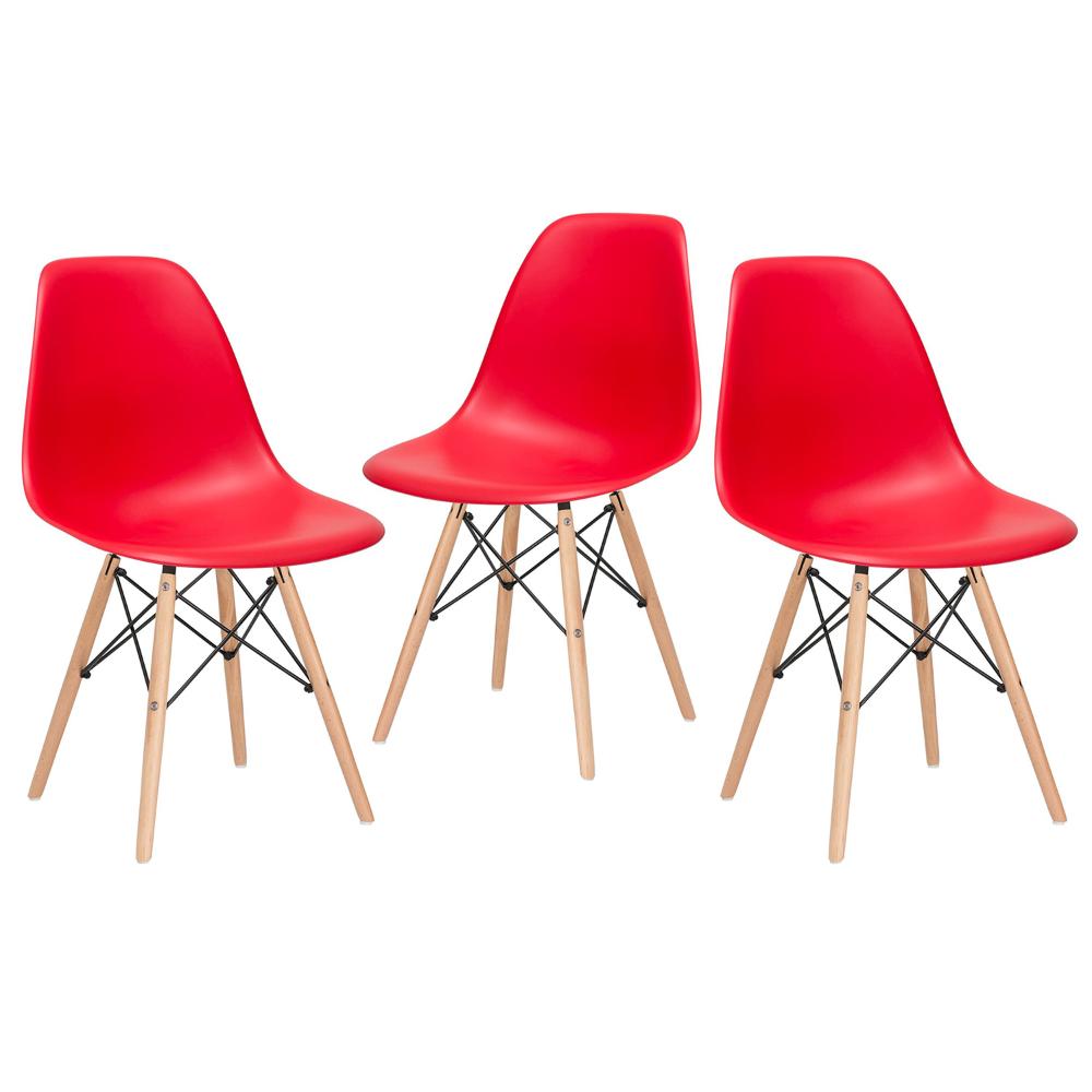 Kit - 3 X Cadeiras Charles Eames Eiffel Dsw - Base De Madeira Clara - Vermelho