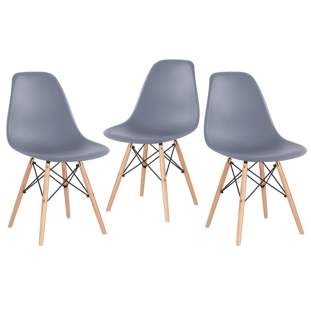 Kit - 3 X Cadeiras Charles Eames Eiffel Dsw - Base De Madeira Clara - Cinza Escuro