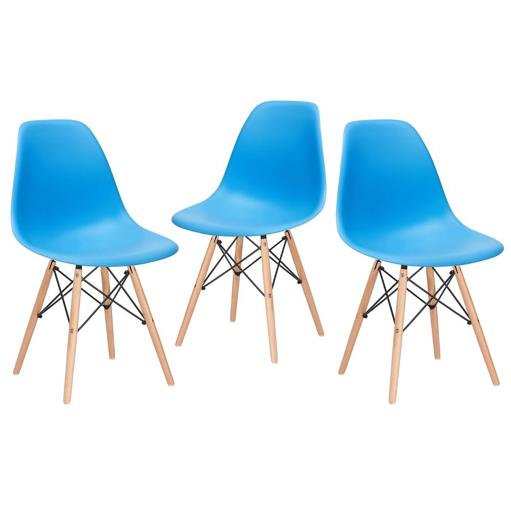 Kit - 3 X Cadeiras Charles Eames Eiffel Dsw - Base De Madeira Clara - Azul Céu