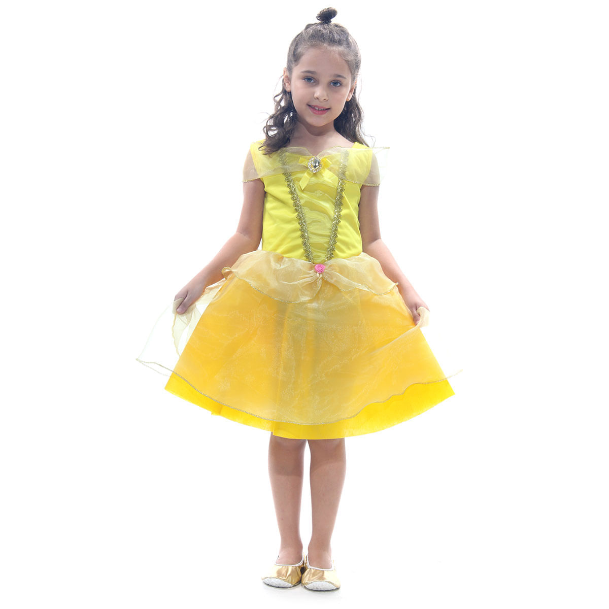 Fantasia Princesa Amarela Dourada Vestido Infantil Com Tiara P