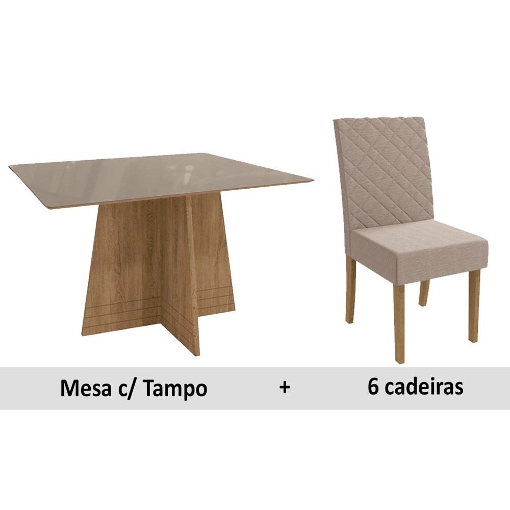 Sala De Jantar Kappesberg Lótus + 6 Cadeiras Freijó/Vidro Bronze/Linho Bege A019