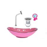 Cuba De Vidro Oval 47cm Rosa + Válvula Click + Torneira