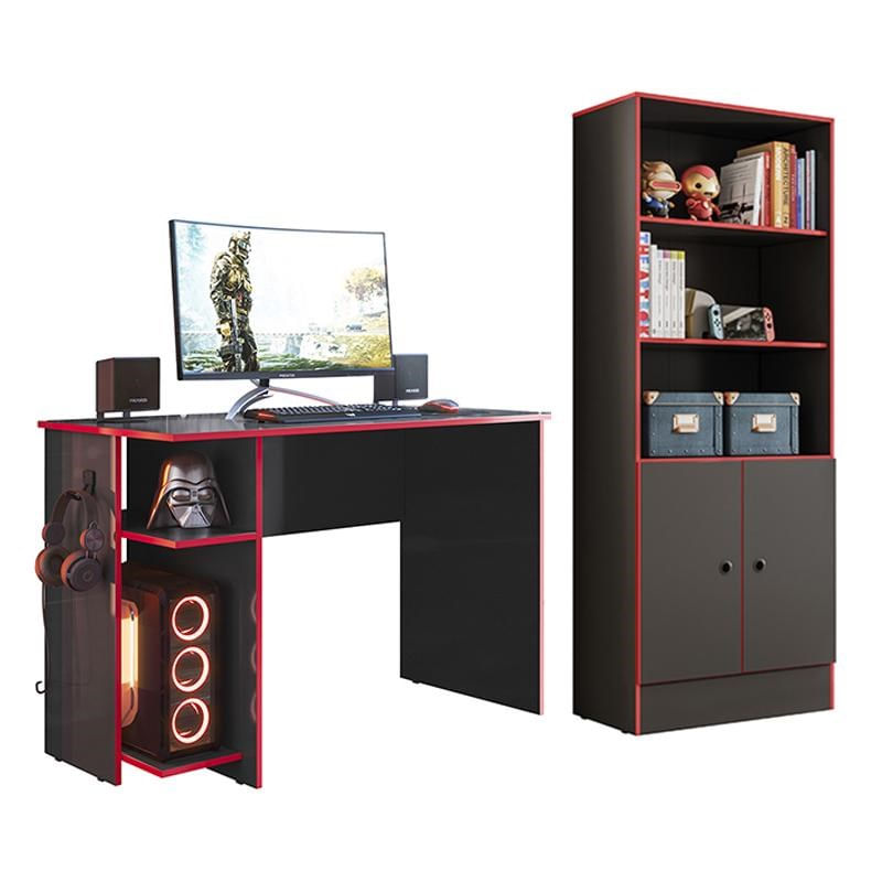 Conjunto Gamer Armário 2 Portas E Mesa Para Computador 3875 Preto/vermelho - Qmovi