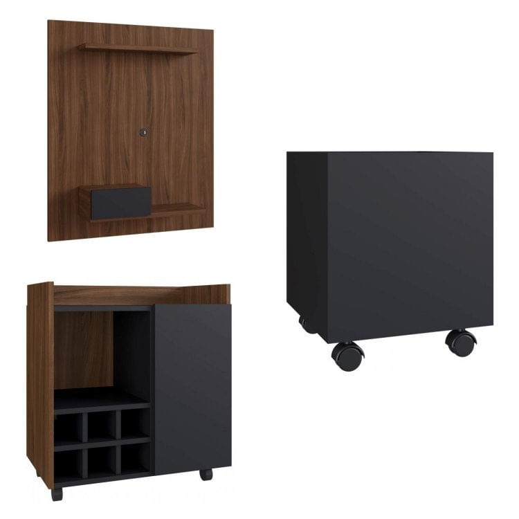 Conjunto para Sala de Estar Painel Cachepô e Bar Estilare Madeirado/Preto