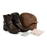 Bota Couro Legítimo Feminina CalçadoNet 10019 Café + Bolsa Café + Carteira Rosê + Espelho