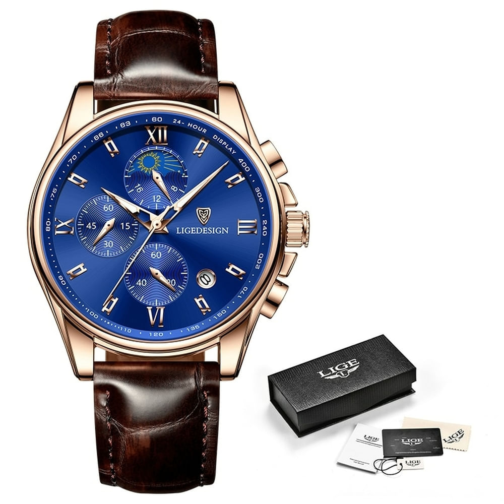 Relógio Masculino Lige 8951 À Prova D'água Ouro Azul