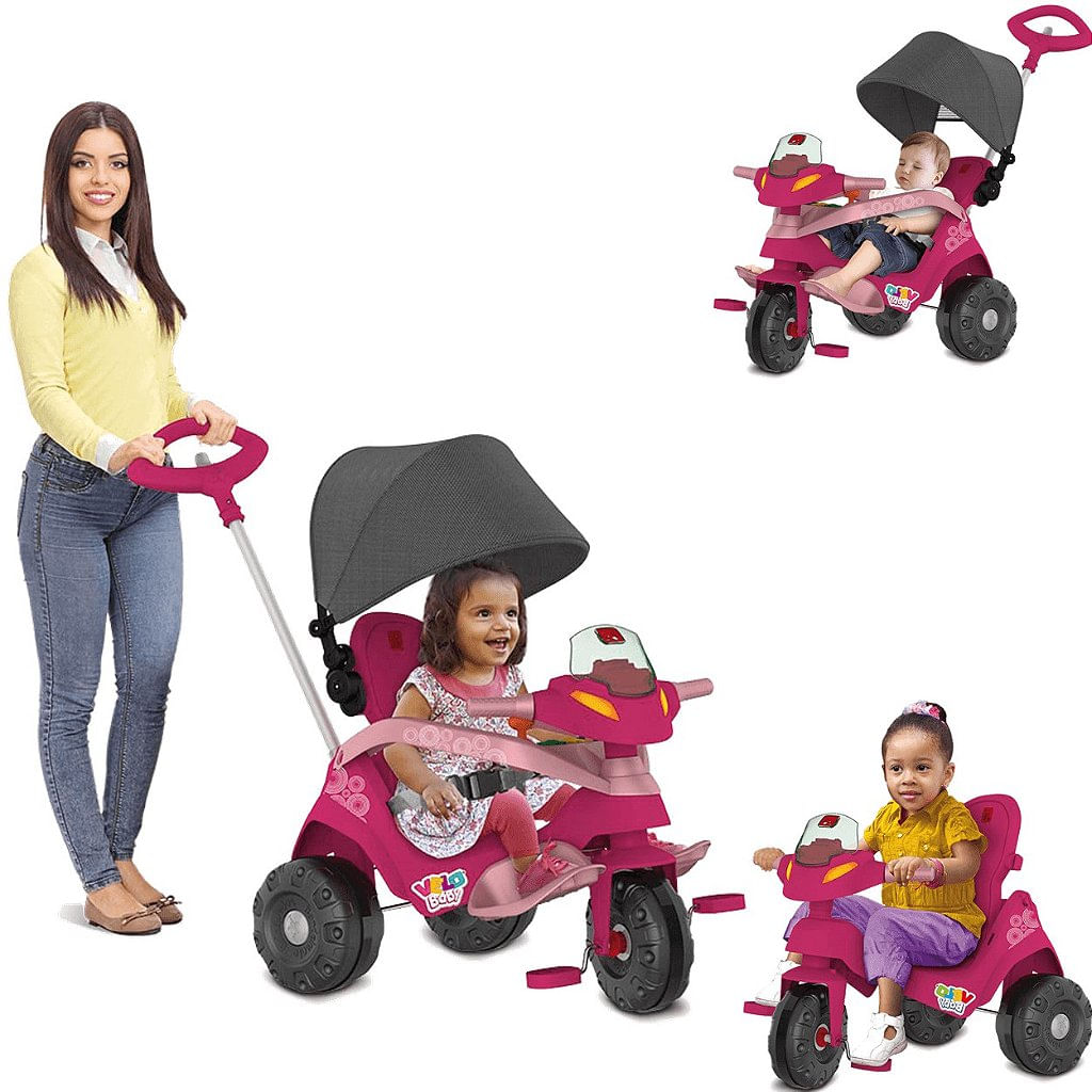 Triciclo Infantil com Capota - Passeio e Pedal - Rosa - Bandeirante