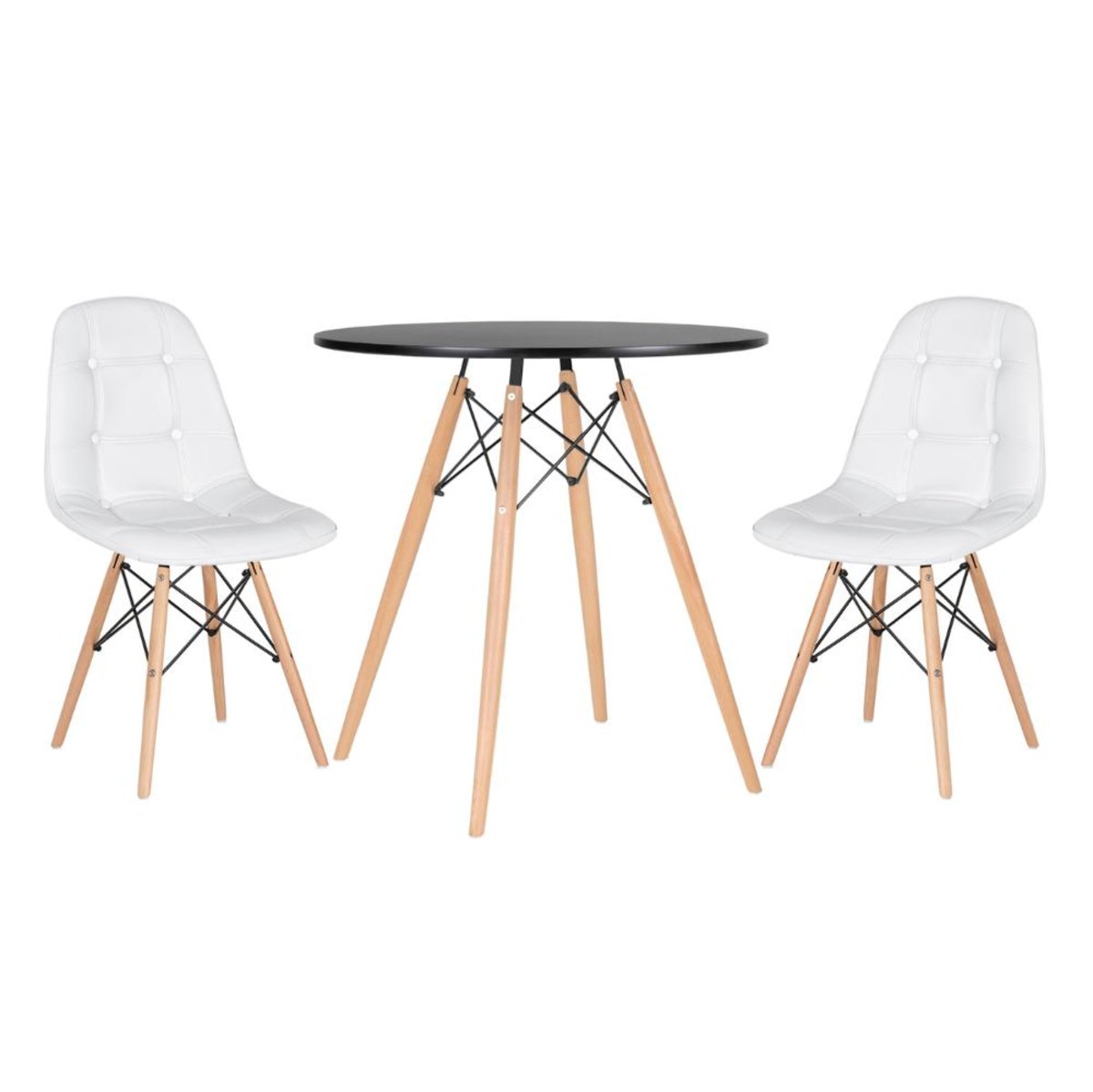 Kit - Mesa Eames 70 cm preto + 2 cadeiras estofadas Botonê branco