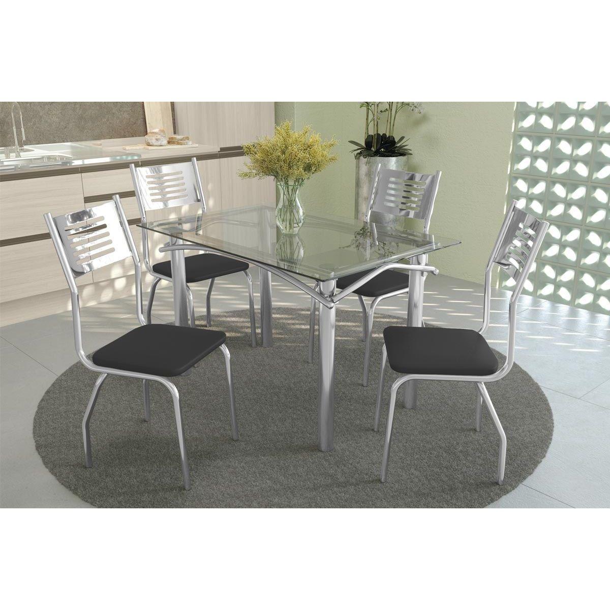 Conjunto Mesa De Cozinha Amur Tampo De Vidro 120cm 4 Cadeiras Munique Cromada Preto Kappesberg