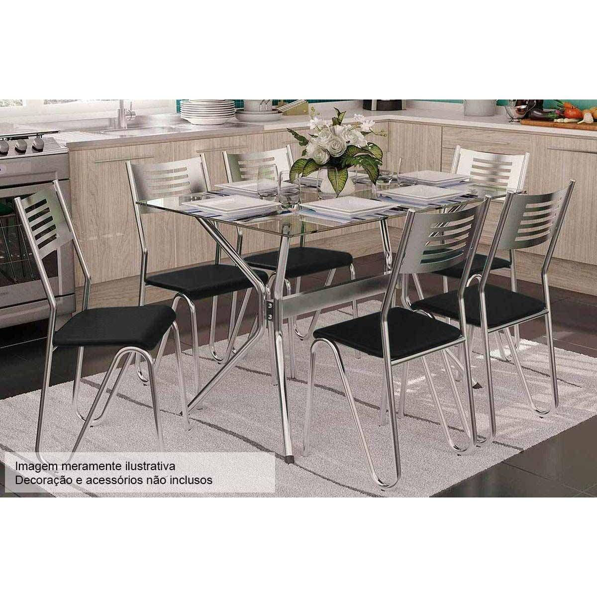 Conjunto Mesa De Cozinha Loire C Tampo De Vidro 120cm 6 Cadeiras Napoles Cromada Preto Kappesberg