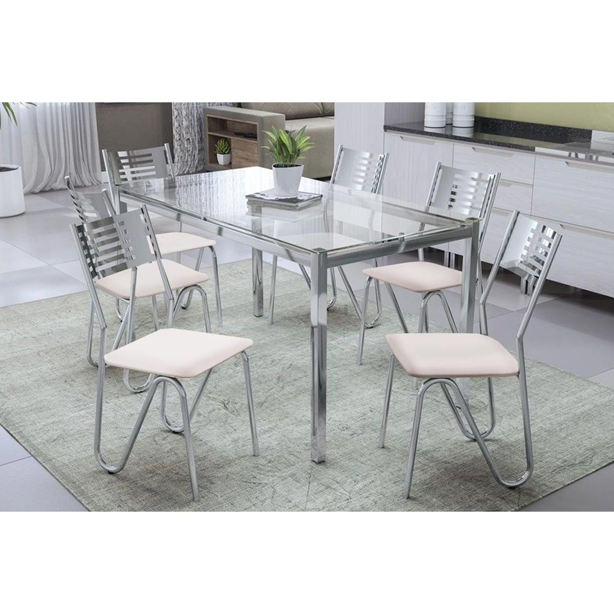 Conjunto Mesa De Cozinha Reno C Tampo De Vidro 150cm 6 Cadeiras Napoles Cromada Branco Kappesberg