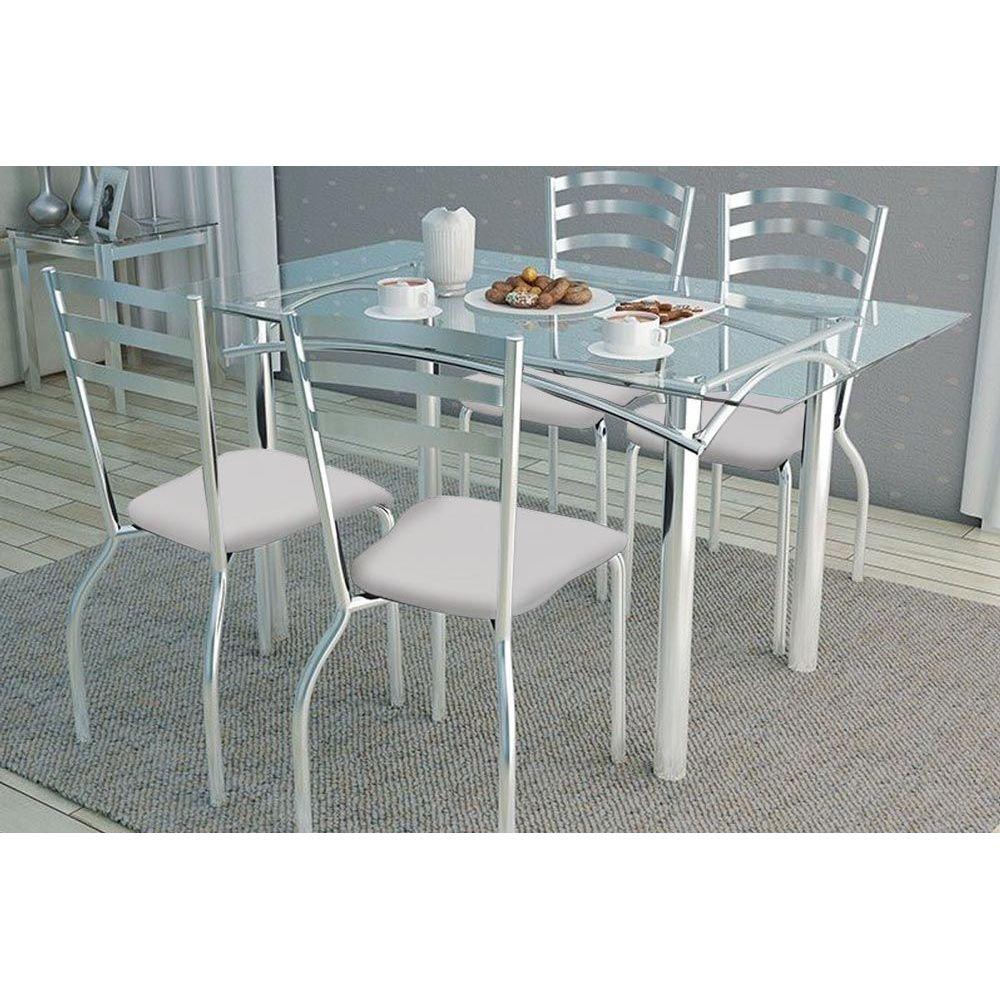 Conjunto Mesa De Cozinha Elba C Tampo De Vidro 120cm 4 Cadeiras Portugal Cromada Branco Kappesberg