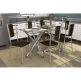 Conjunto Mesa De Cozinha Volga C Tampo De Vidro 150cm 6 Cadeiras Lisboa Cromado Marrom Kappesberg