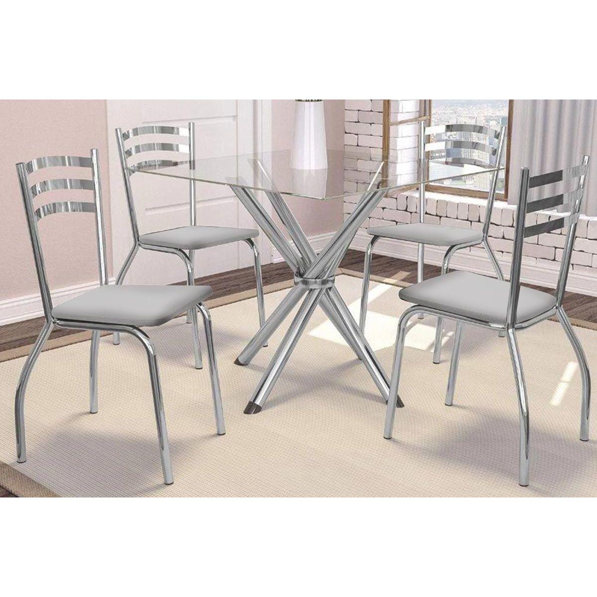 Conjunto Mesa De Cozinha Volga C Tampo De Vidro 90cm 4 Cadeiras Portugal Cromada Branco Kappesberg