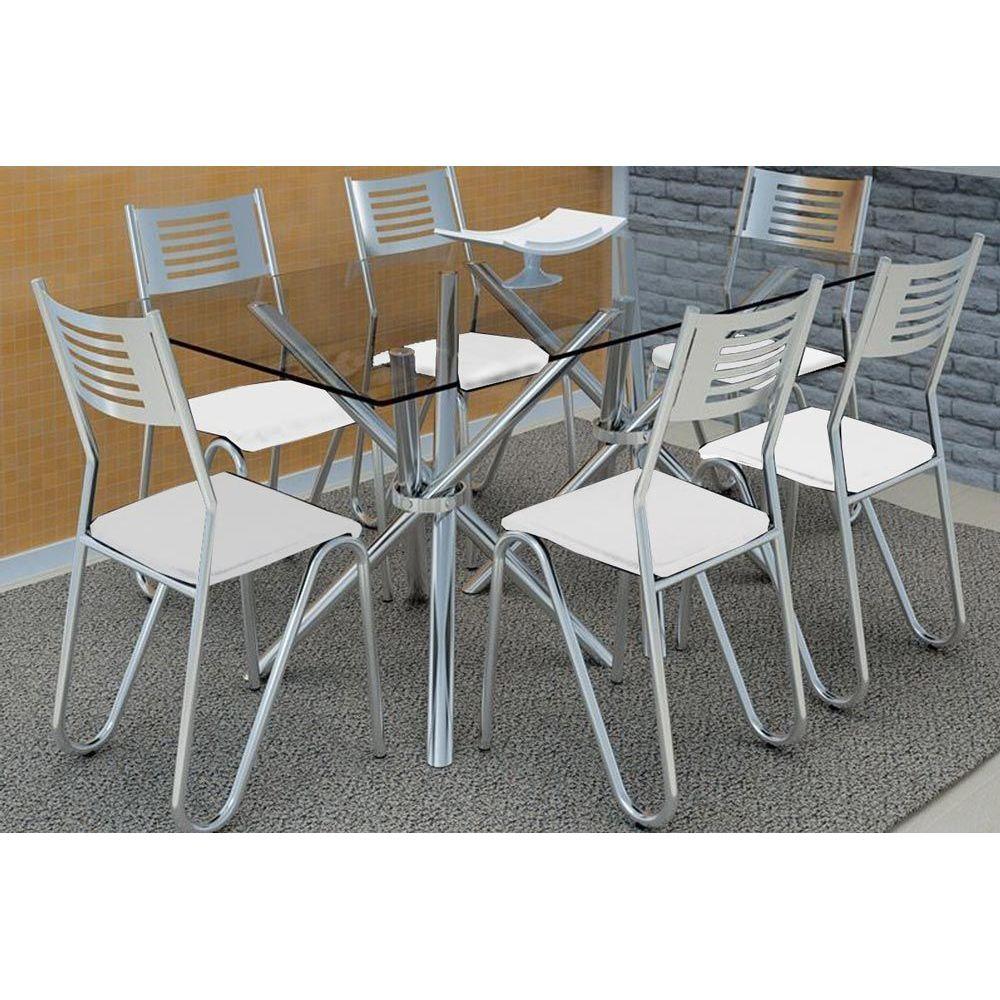 Conjunto Mesa De Cozinha Volga C Tampo De Vidro 140cm 6 Cadeiras Napoles Cromada Branco Kappesberg