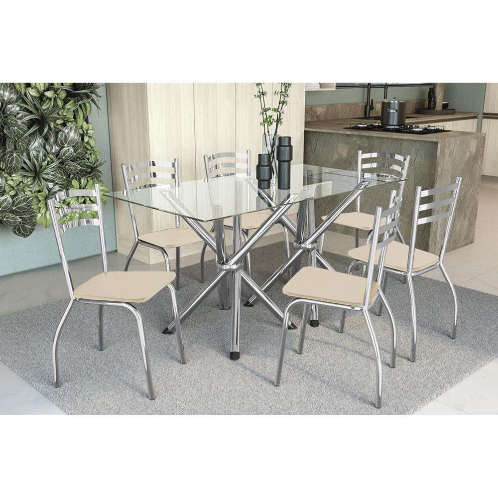 Conjunto Mesa De Cozinha Volga C Tampo De Vidro 150cm 6 Cadeiras Portugal Cromada Nude Kappesberg