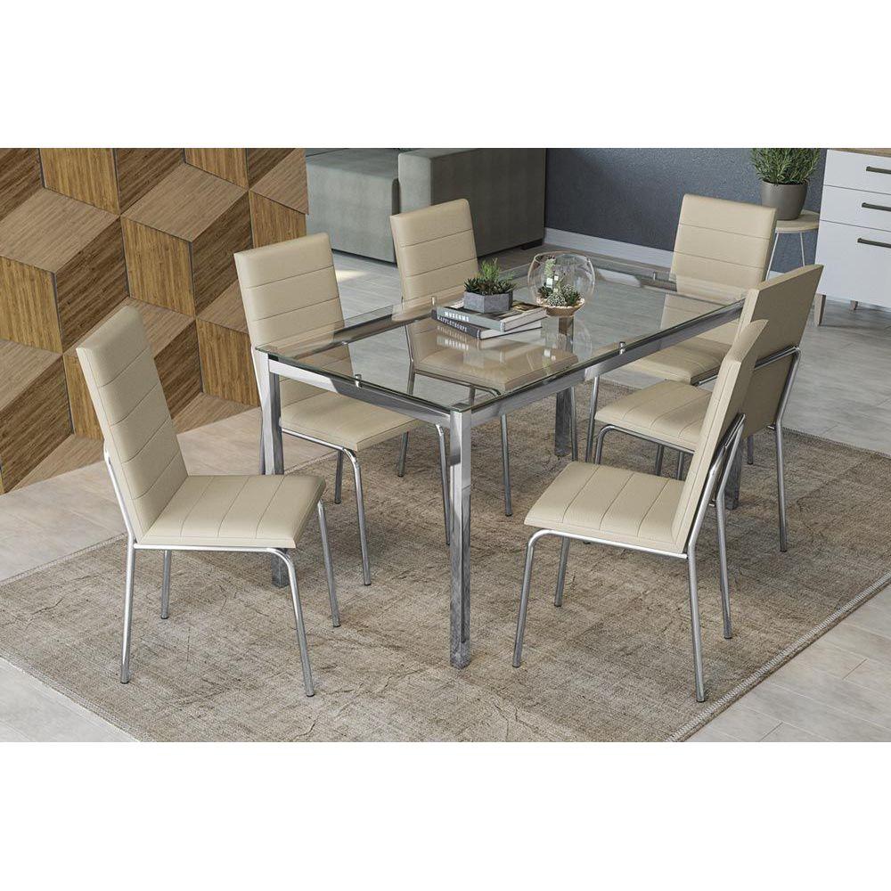 Conjunto Mesa De Cozinha Reno C Tampo De Vidro 150cm 6 Cadeiras Amsterda Cromada Nude Kappesberg