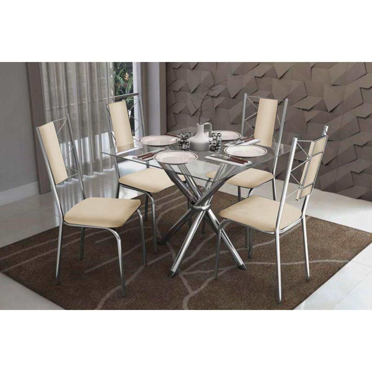 Conjunto Mesa De Cozinha Volga C Tampo De Vidro 90cm 4 Cadeiras Lisboa Cromada Nude Kappesberg